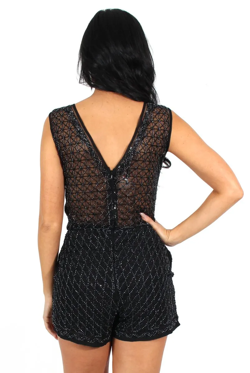 Lori Black Sequin V Neck Playsuit