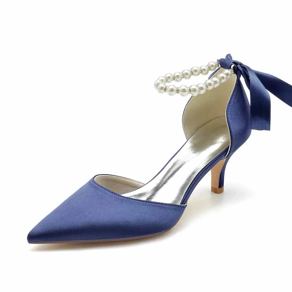 Low Heels Satin Wedding Heels Bearls Lace-up Ankle Strap Bridal Heels