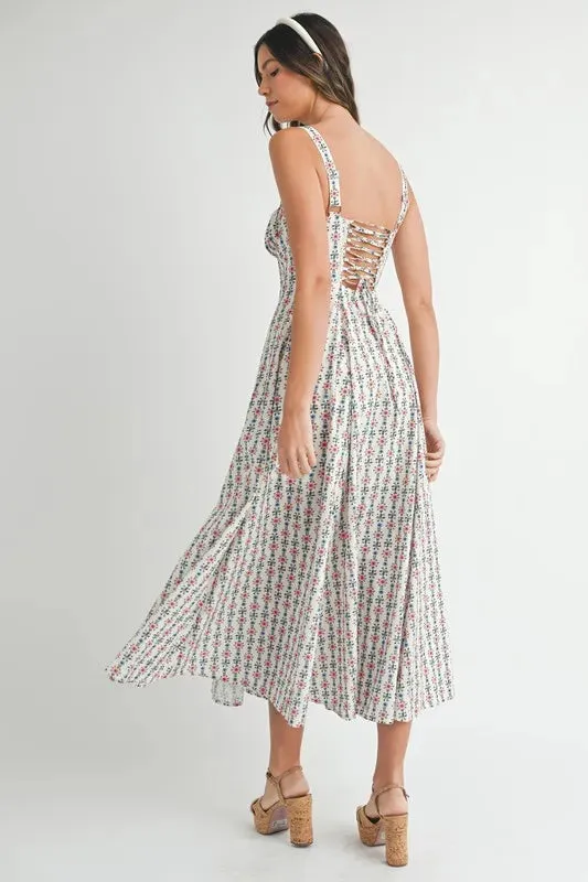 MABLE Floral Print Bustier Back Lace Up Midi Dress