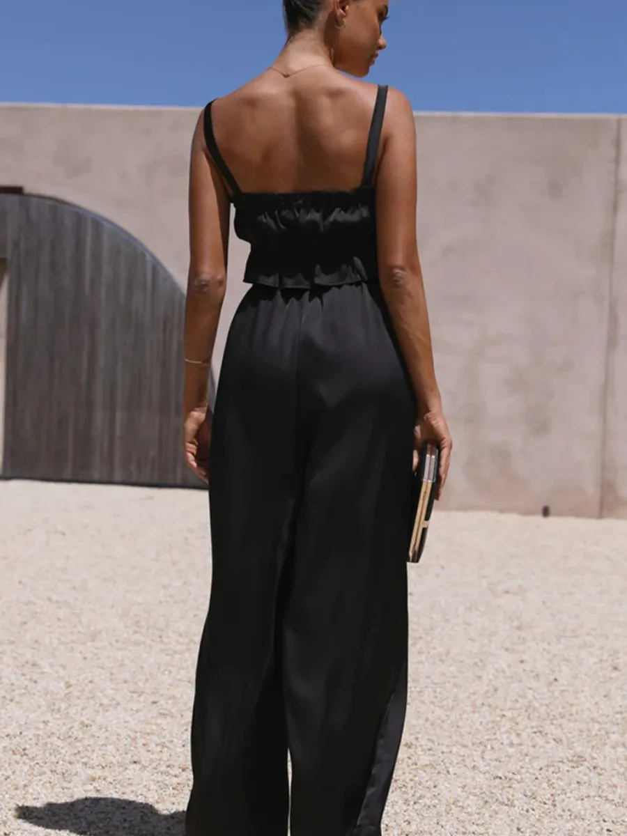 Madonna Satin Wide Leg Matching Sets - Black
