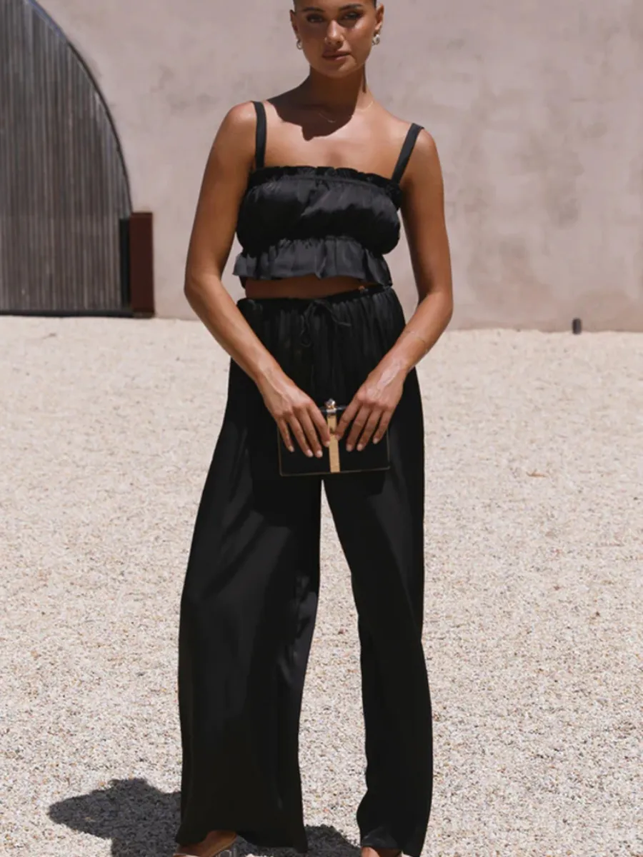 Madonna Satin Wide Leg Matching Sets - Black
