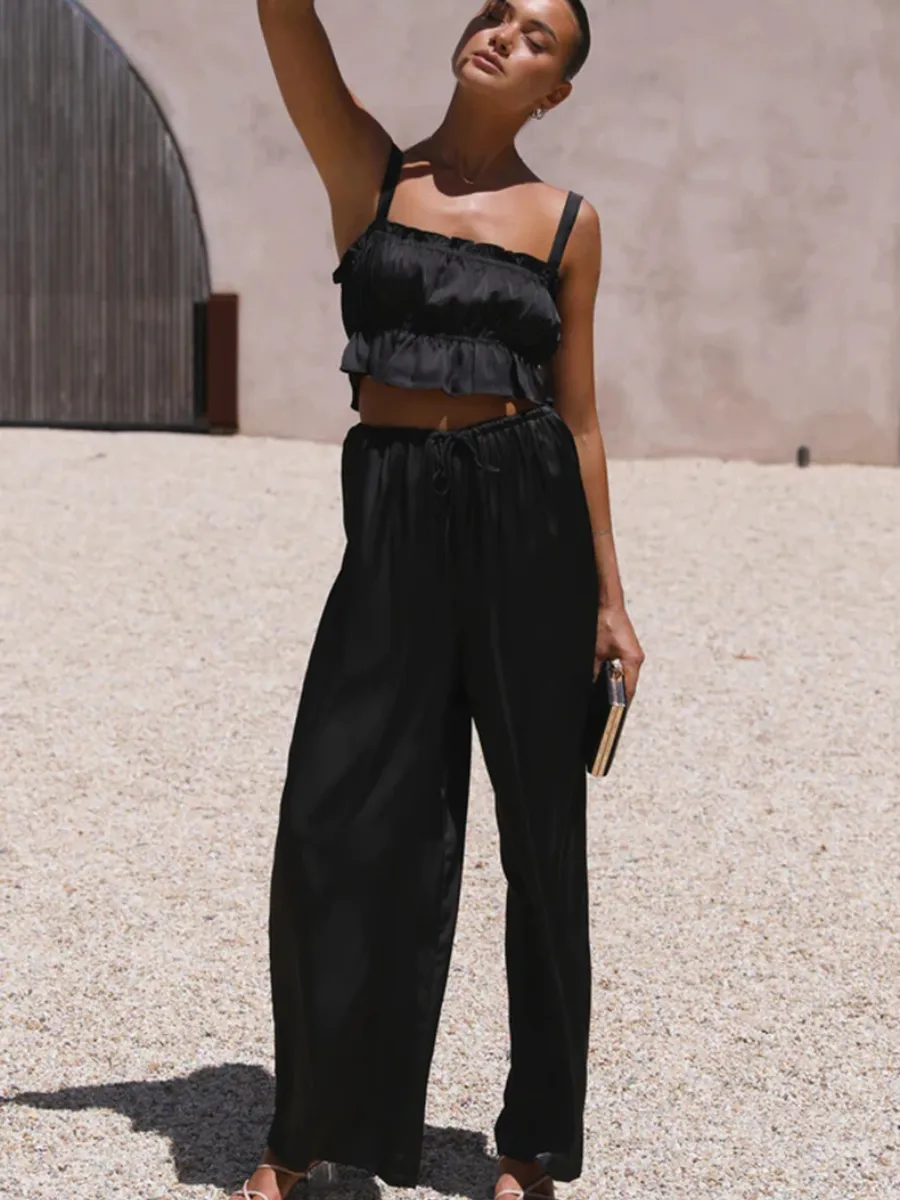 Madonna Satin Wide Leg Matching Sets - Black