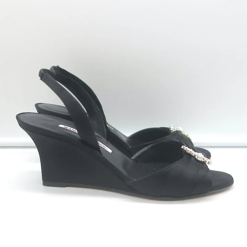 Manolo Blahnik Crystal-Buckle Wedge Sandals Black Satin Size 38 Slingback Heels