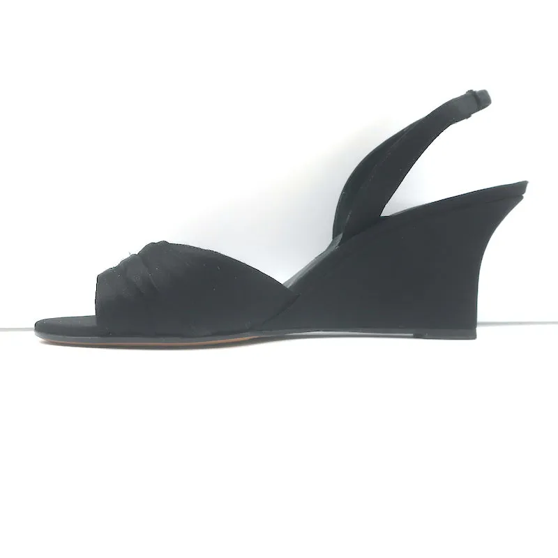 Manolo Blahnik Crystal-Buckle Wedge Sandals Black Satin Size 38 Slingback Heels