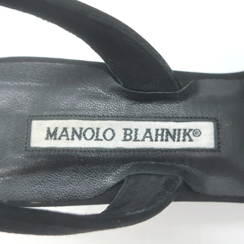 Manolo Blahnik Crystal-Buckle Wedge Sandals Black Satin Size 38 Slingback Heels