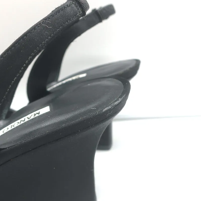 Manolo Blahnik Crystal-Buckle Wedge Sandals Black Satin Size 38 Slingback Heels