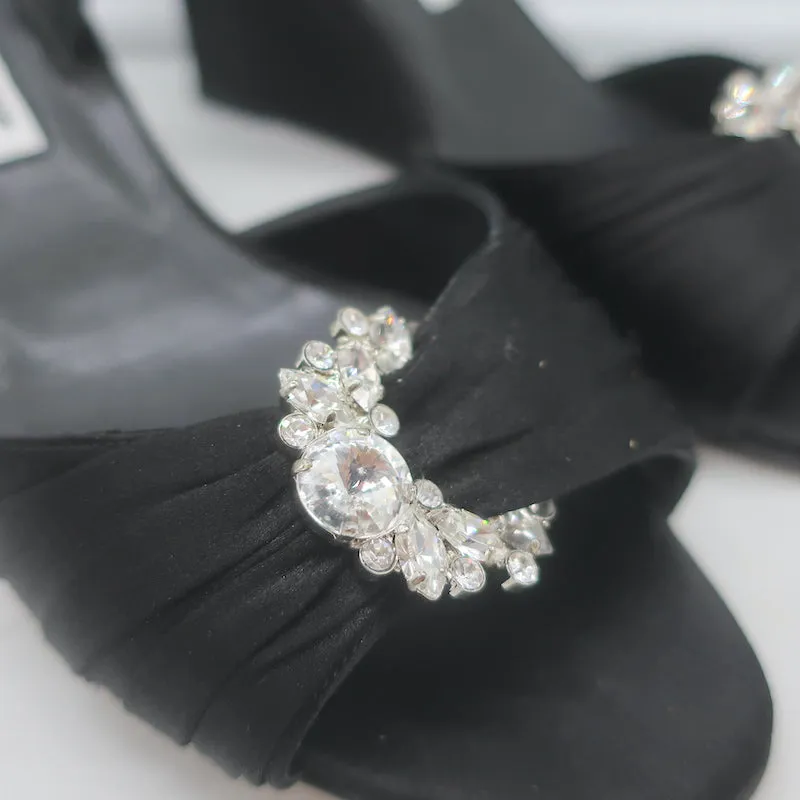 Manolo Blahnik Crystal-Buckle Wedge Sandals Black Satin Size 38 Slingback Heels