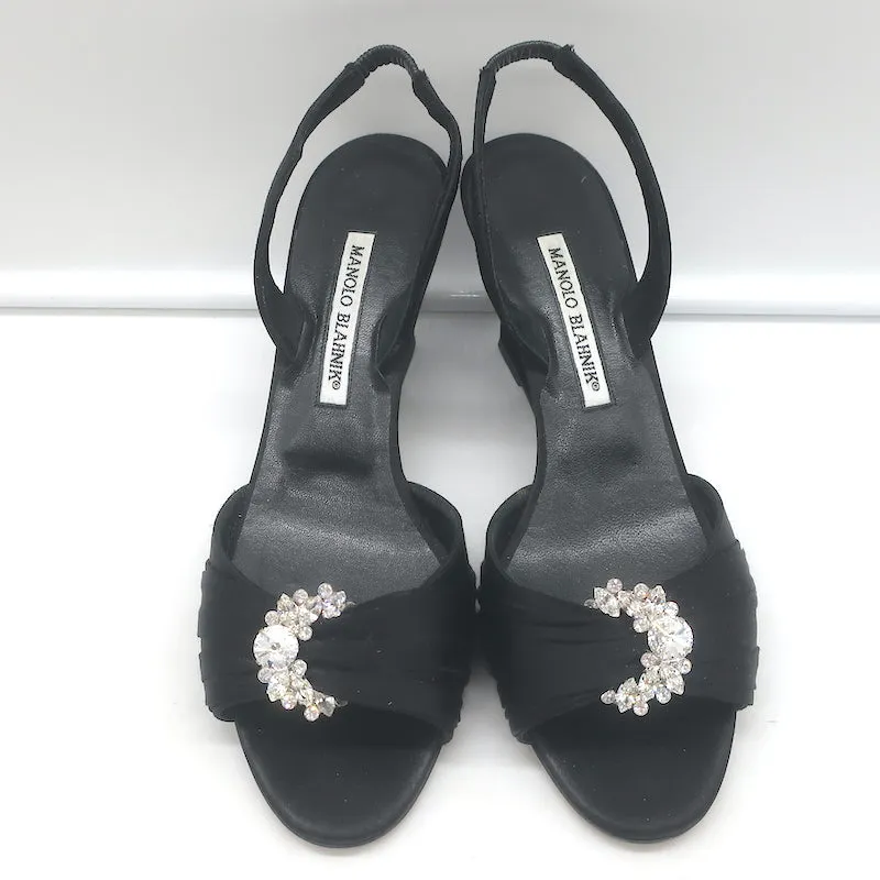 Manolo Blahnik Crystal-Buckle Wedge Sandals Black Satin Size 38 Slingback Heels