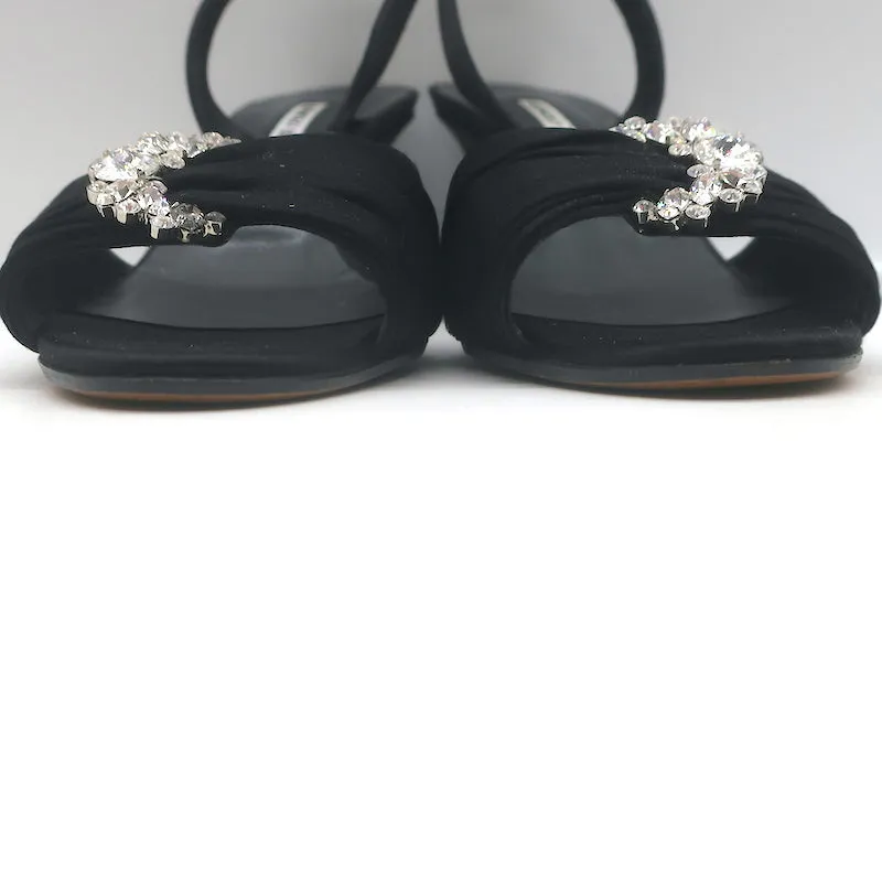 Manolo Blahnik Crystal-Buckle Wedge Sandals Black Satin Size 38 Slingback Heels