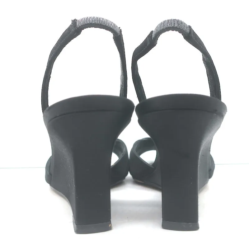 Manolo Blahnik Crystal-Buckle Wedge Sandals Black Satin Size 38 Slingback Heels