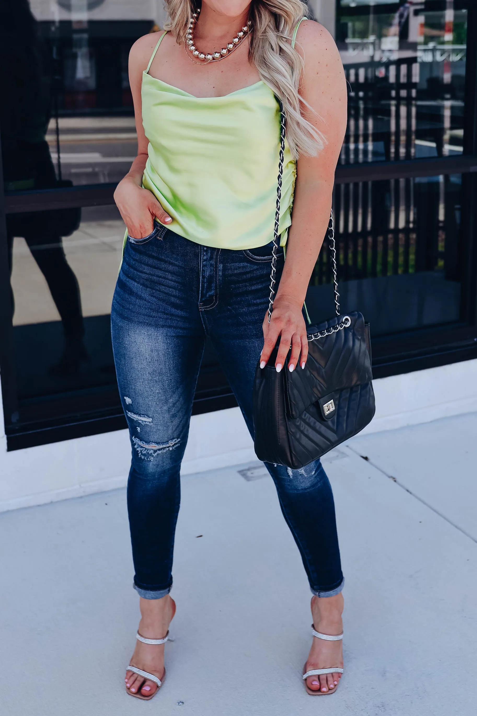 Mariah Ruched Satin Cami - Lime
