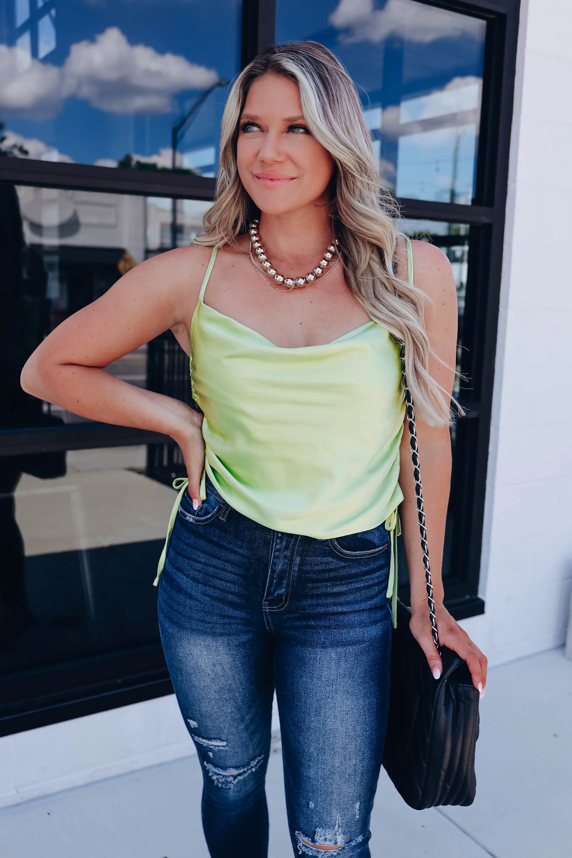 Mariah Ruched Satin Cami - Lime