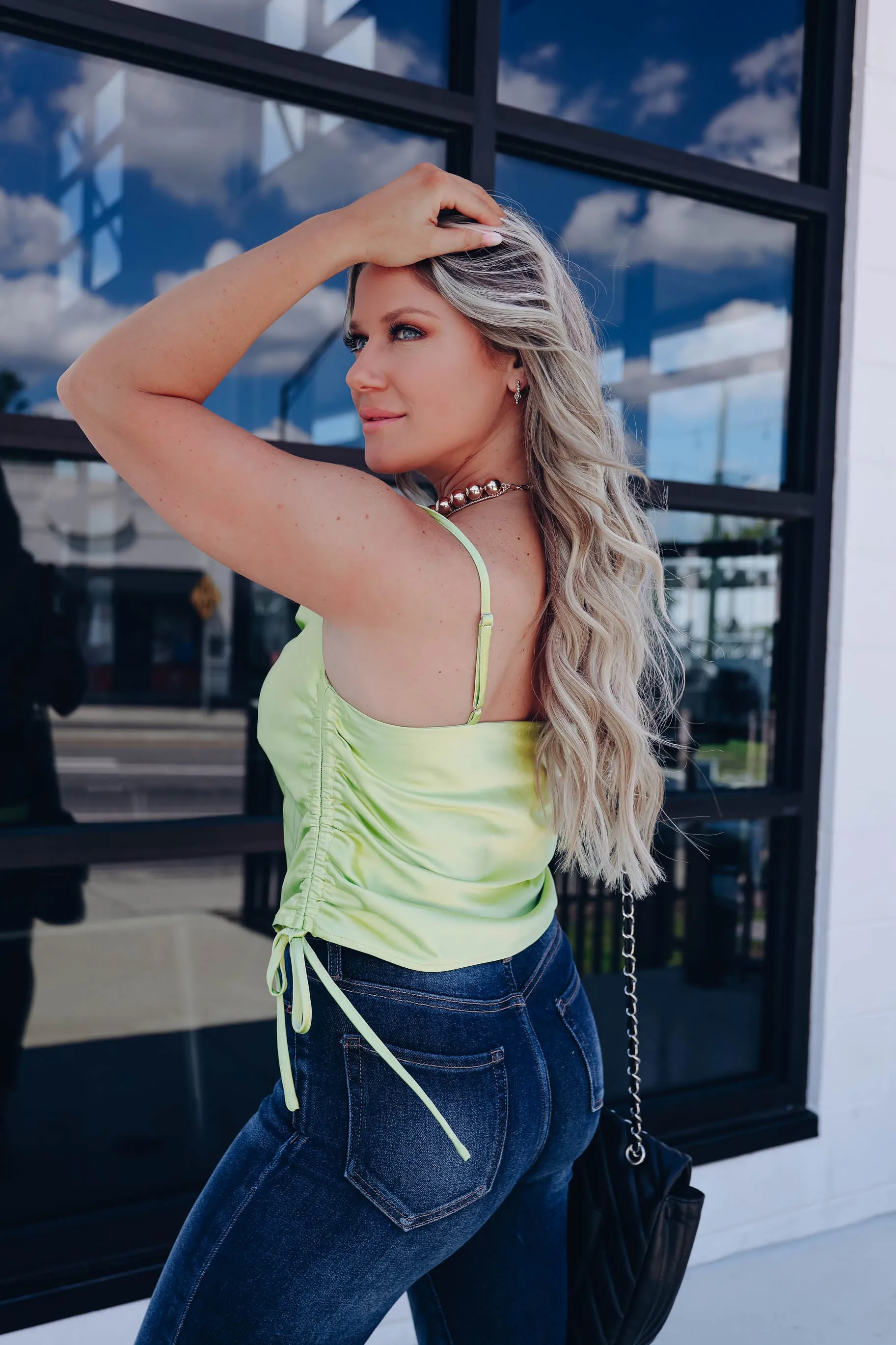 Mariah Ruched Satin Cami - Lime