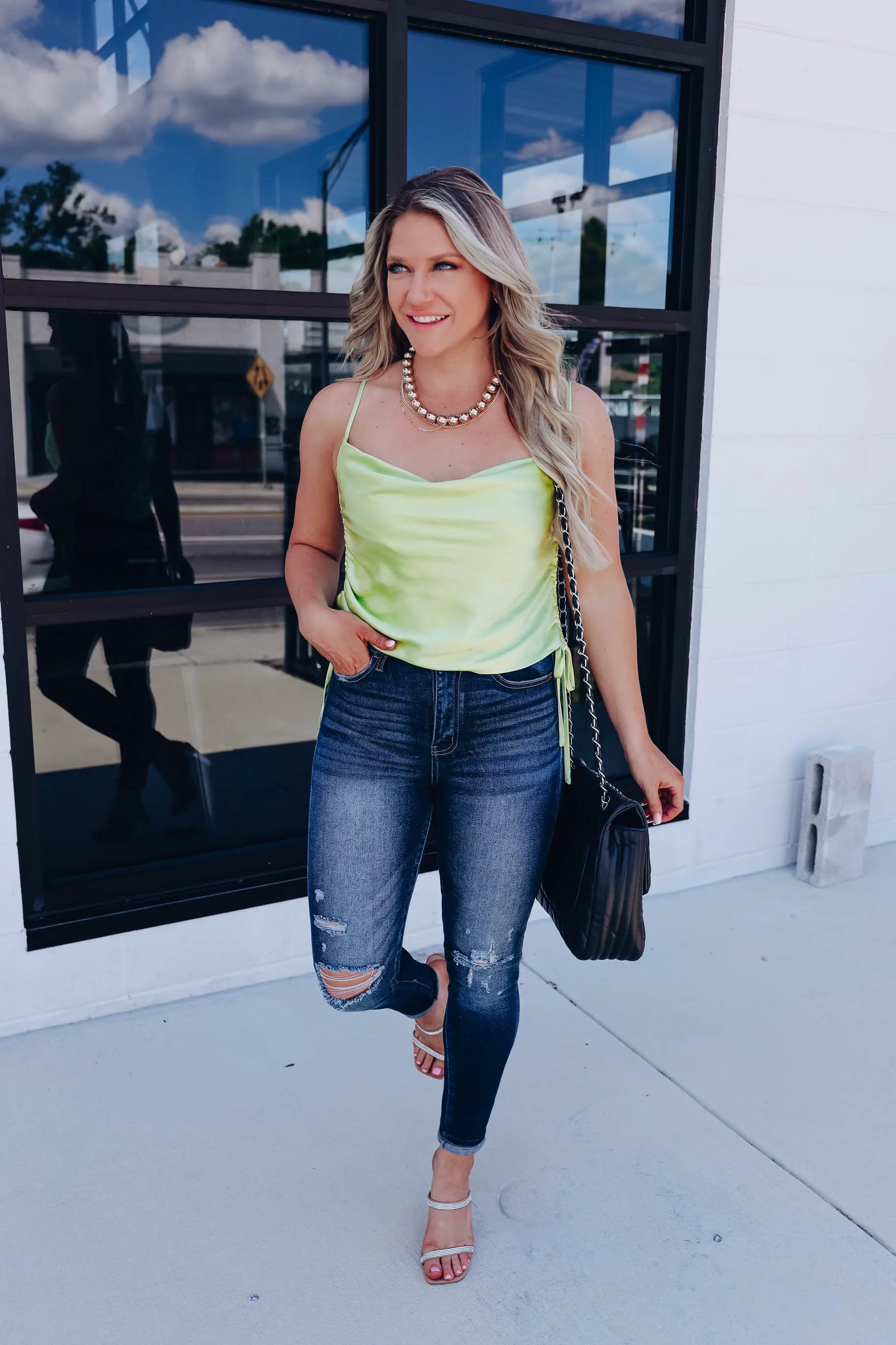 Mariah Ruched Satin Cami - Lime