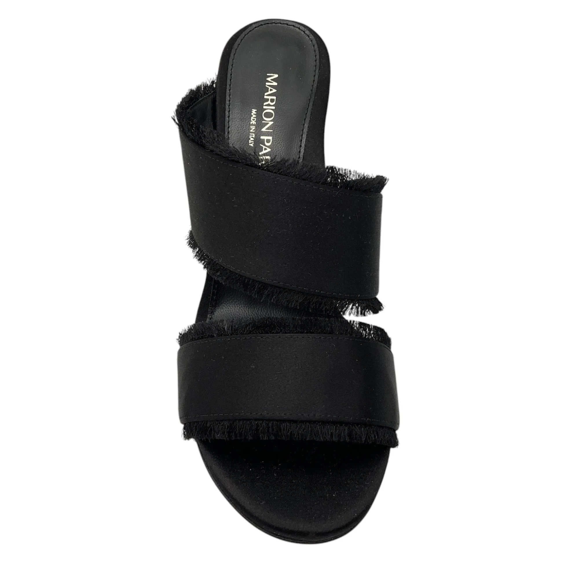 Marion Parke Black Cecilia Fringed Block Heel Satin Sandals