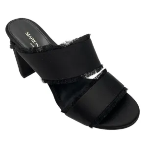 Marion Parke Black Cecilia Fringed Block Heel Satin Sandals