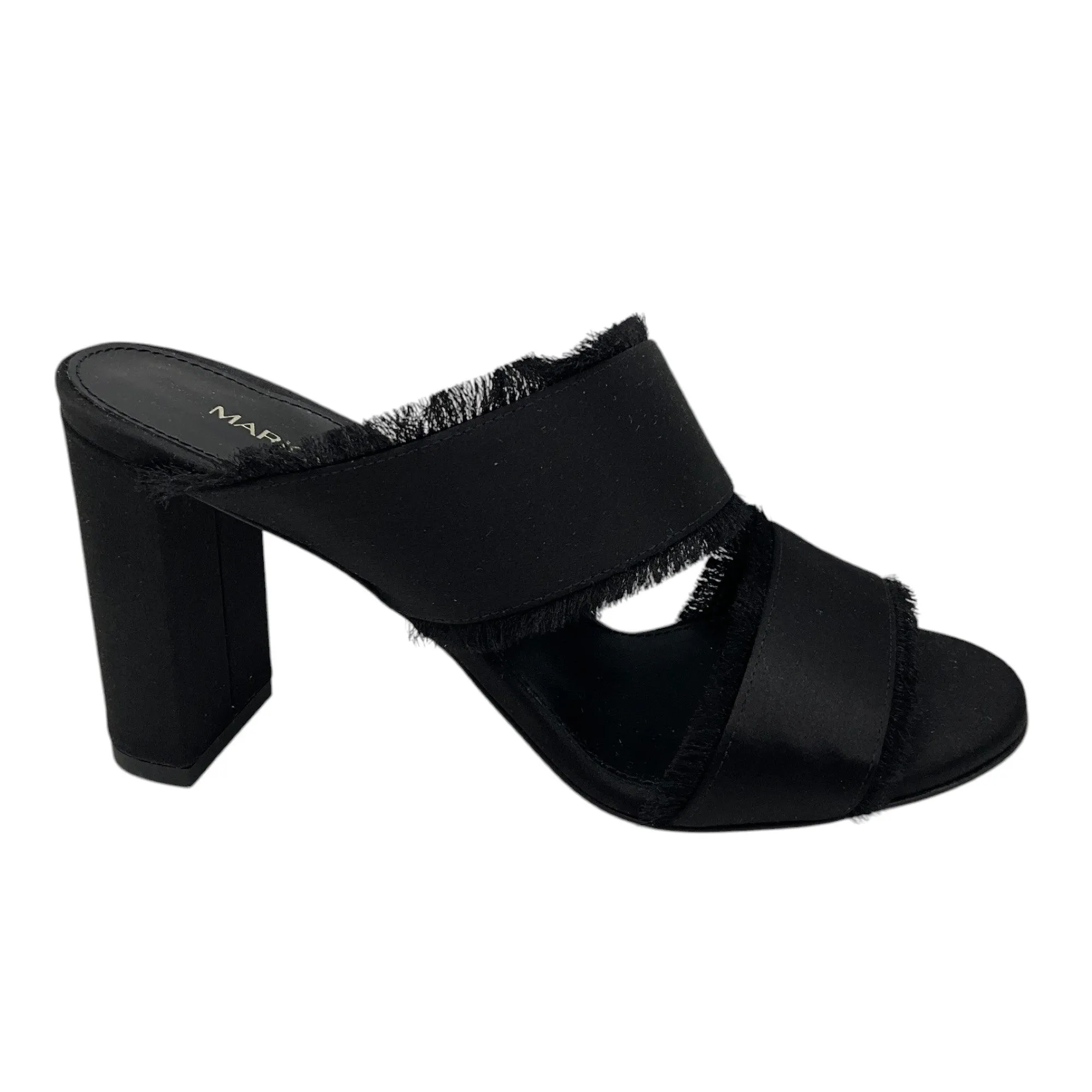 Marion Parke Black Cecilia Fringed Block Heel Satin Sandals