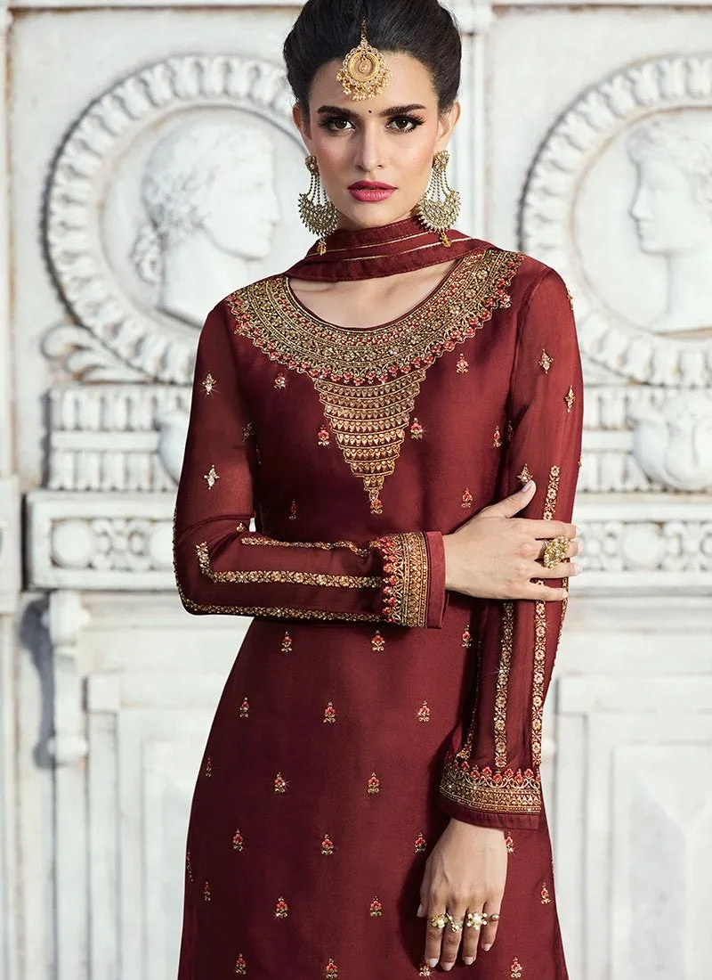 Maroon Embroidered Georgette Palazzo Suit