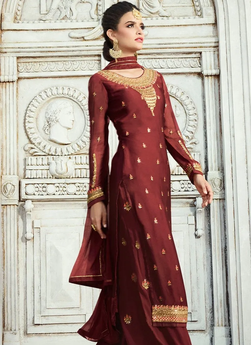 Maroon Embroidered Georgette Palazzo Suit