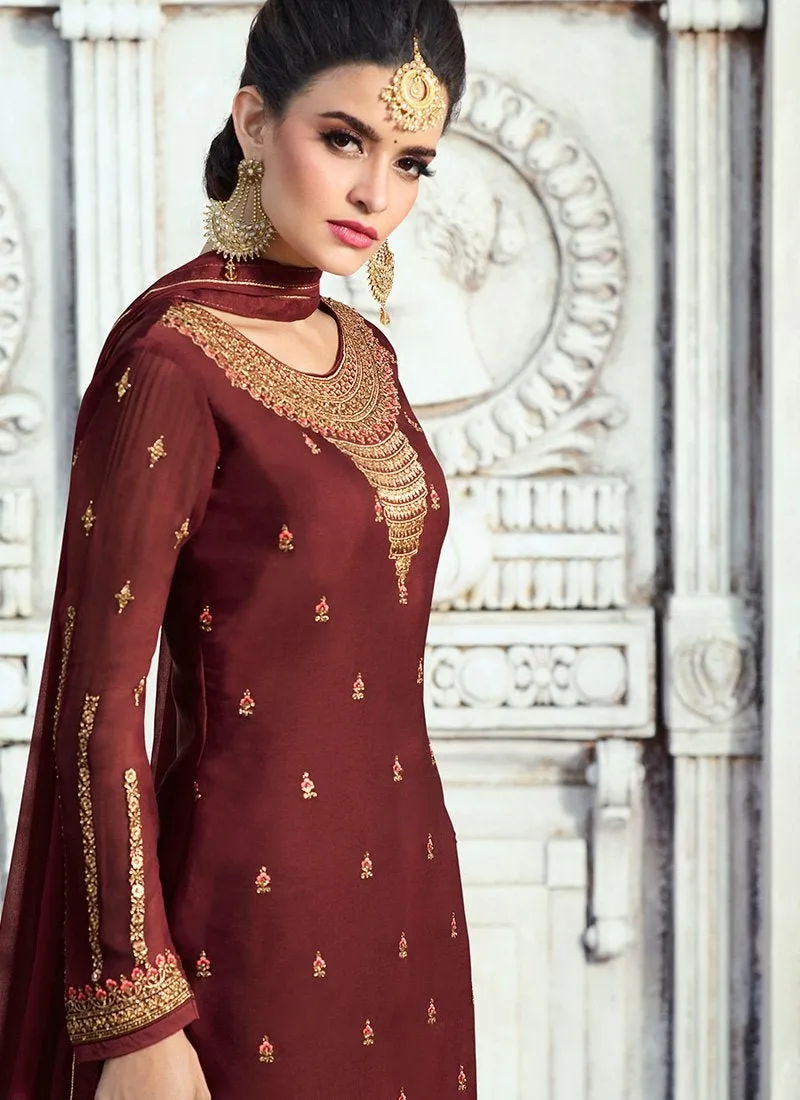 Maroon Embroidered Georgette Palazzo Suit