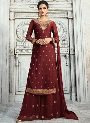 Maroon Embroidered Georgette Palazzo Suit