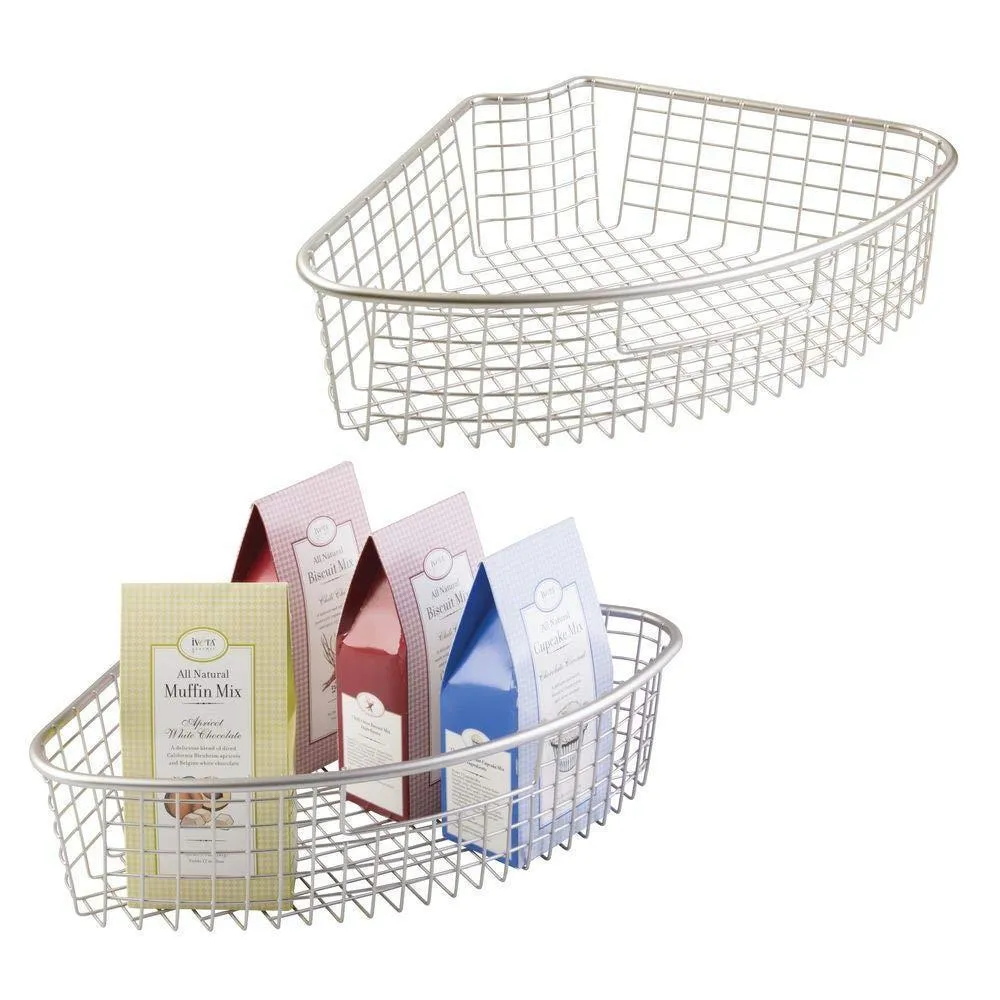 mDesign Farmhouse Metal Kitchen Cabinet Lazy Susan Storage Organizer Basket with Front Handle - Large Pie-Shaped 1/4 Wedge, 4.4" Deep Container - 2 Pack - Satin