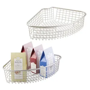 mDesign Farmhouse Metal Kitchen Cabinet Lazy Susan Storage Organizer Basket with Front Handle - Large Pie-Shaped 1/4 Wedge, 4.4" Deep Container - 2 Pack - Satin