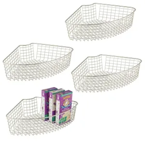 mDesign Farmhouse Metal Kitchen Cabinet Lazy Susan Storage Organizer Basket with Front Handle - Medium Pie-Shaped 1/4 Wedge, 4.2" Deep Container - 4 Pack - Satin