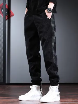 Men's Black Baggy Corduroy Pants: Autumn Fashion Casual Elastic Waist Trousers with Side Stripe