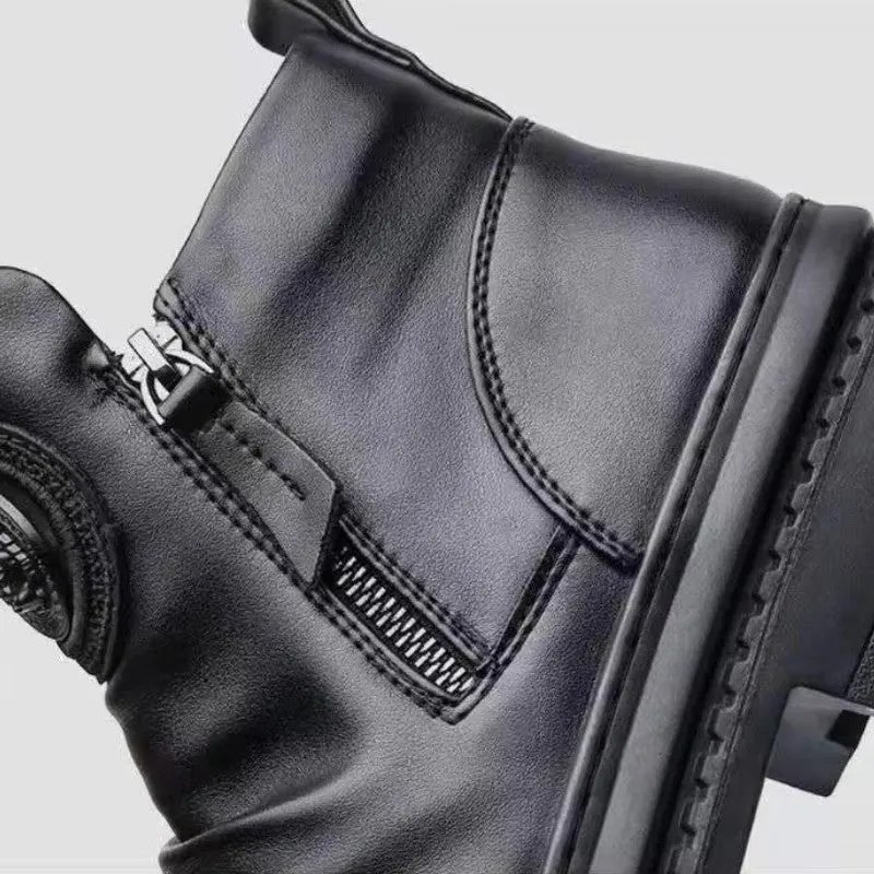 Men's Vintage Black PU Leather Motorcycle Boots with Side Zipper