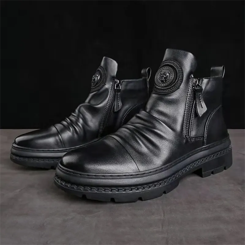 Men's Vintage Black PU Leather Motorcycle Boots with Side Zipper