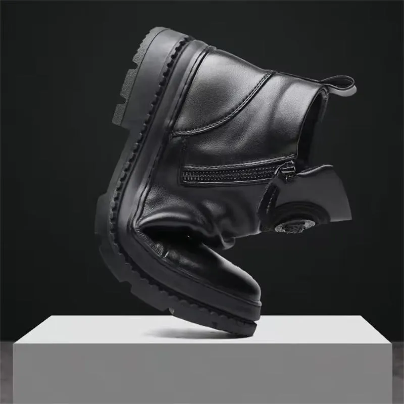 Men's Vintage Black PU Leather Motorcycle Boots with Side Zipper