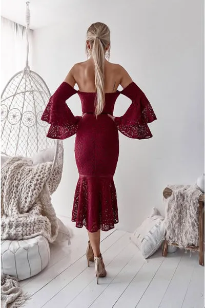 Mermaid Off-the-Shoulder Long Bell Sleeves Burgundy Lace Prom Dress PD006