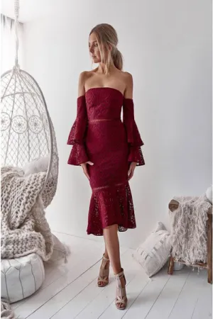 Mermaid Off-the-Shoulder Long Bell Sleeves Burgundy Lace Prom Dress PD006