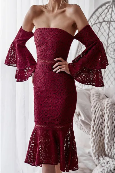 Mermaid Off-the-Shoulder Long Bell Sleeves Burgundy Lace Prom Dress PD006