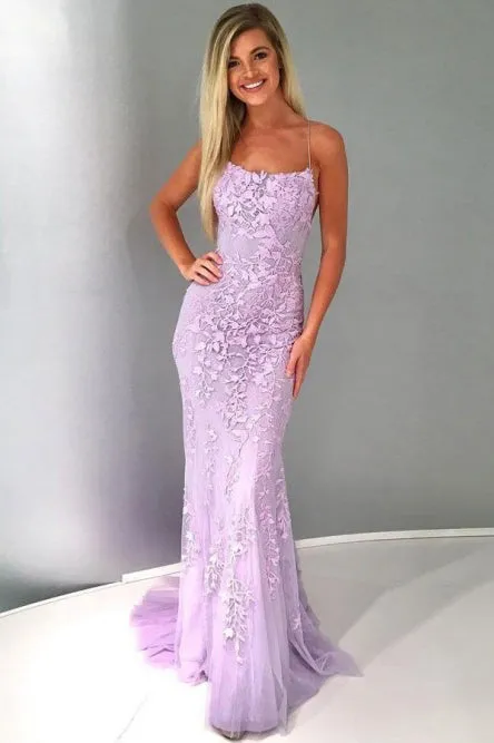 Mermaid Spaghetti Straps Lace Up Lilac Long Prom Dress with Appliques L038