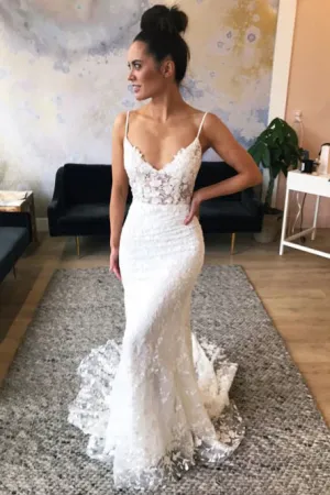 Mermaid Spaghetti Straps Sweep Train Lace Wedding Dress with Appliques OHD058