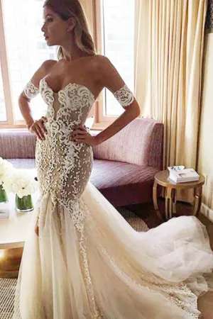 Mermaid Sweetheart Backless Court Train Wedding Dress with White Lace OHD009