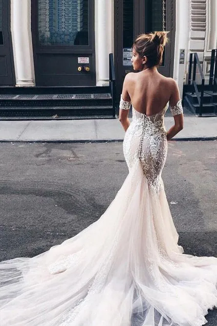 Mermaid Sweetheart Backless Court Train Wedding Dress with White Lace OHD009