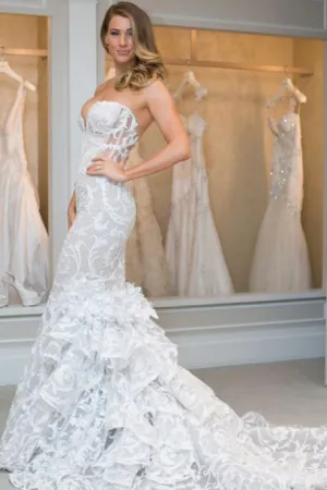 Mermaid Sweetheart Chapel Train Lace Sleeveless Wedding Dress with Ruffles OHD131