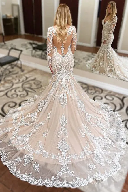 Mermaid V-Neck Long Sleeves Court Train Wedding Dress with Appliques OHD254
