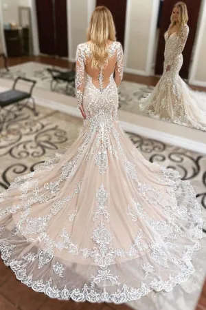 Mermaid V-Neck Long Sleeves Court Train Wedding Dress with Appliques OHD254