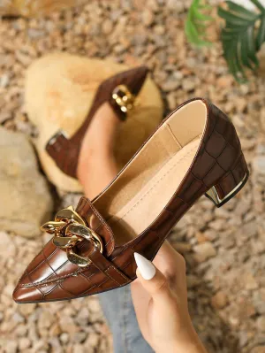 Metal Buckle & Faux Stone Pointed Toe Chunky Heel Loafers