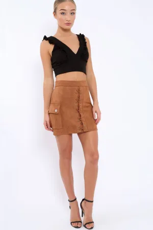 Mocha Suedette Lace Up Skirt - Ressie