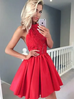 Modest Halter Red Short Homecoming Dress A-Line Embroidery Prom Party Dress CA2105