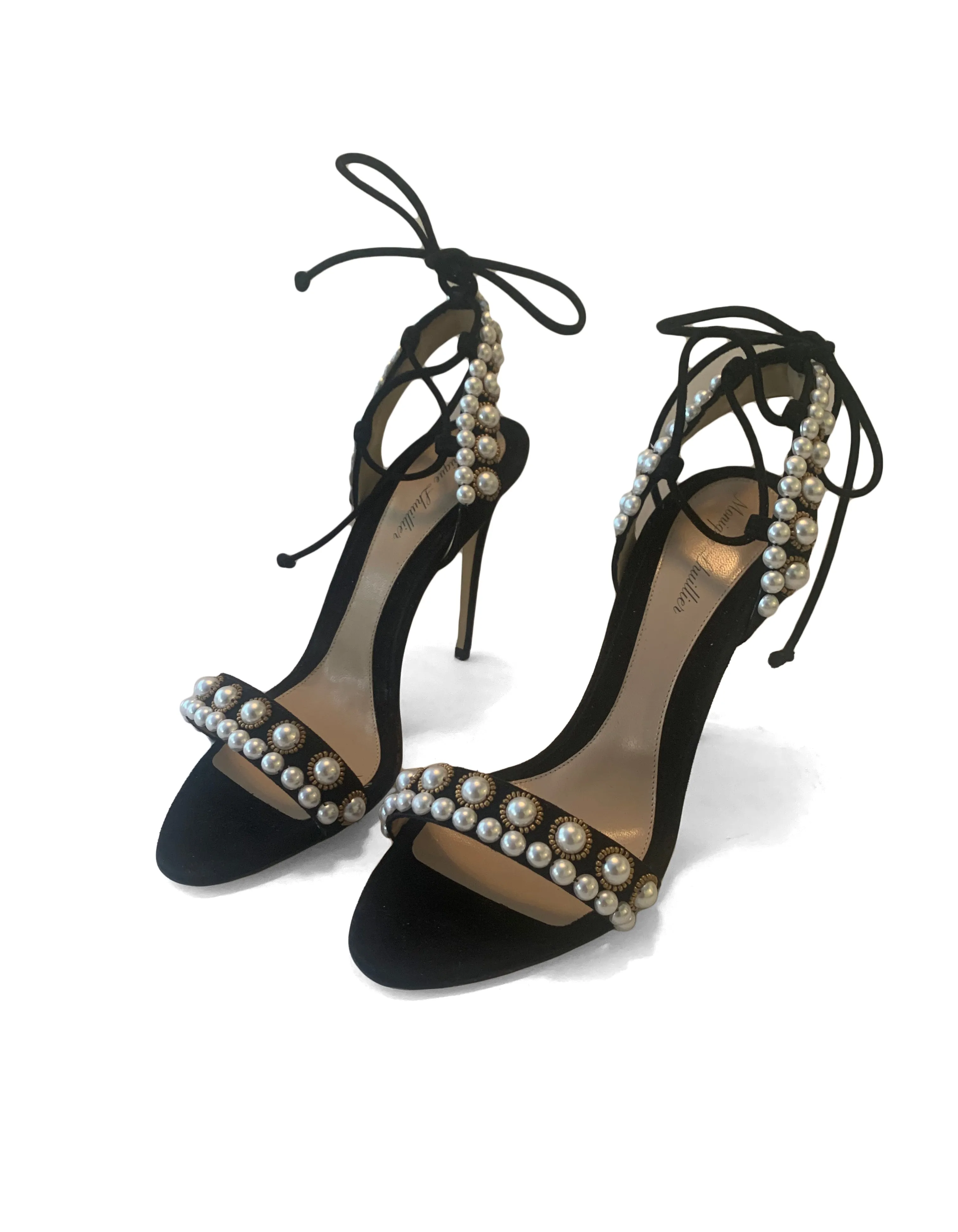 Monique Lhuillier Black Suede Faux Pearl Reese Sandals sz 38.5