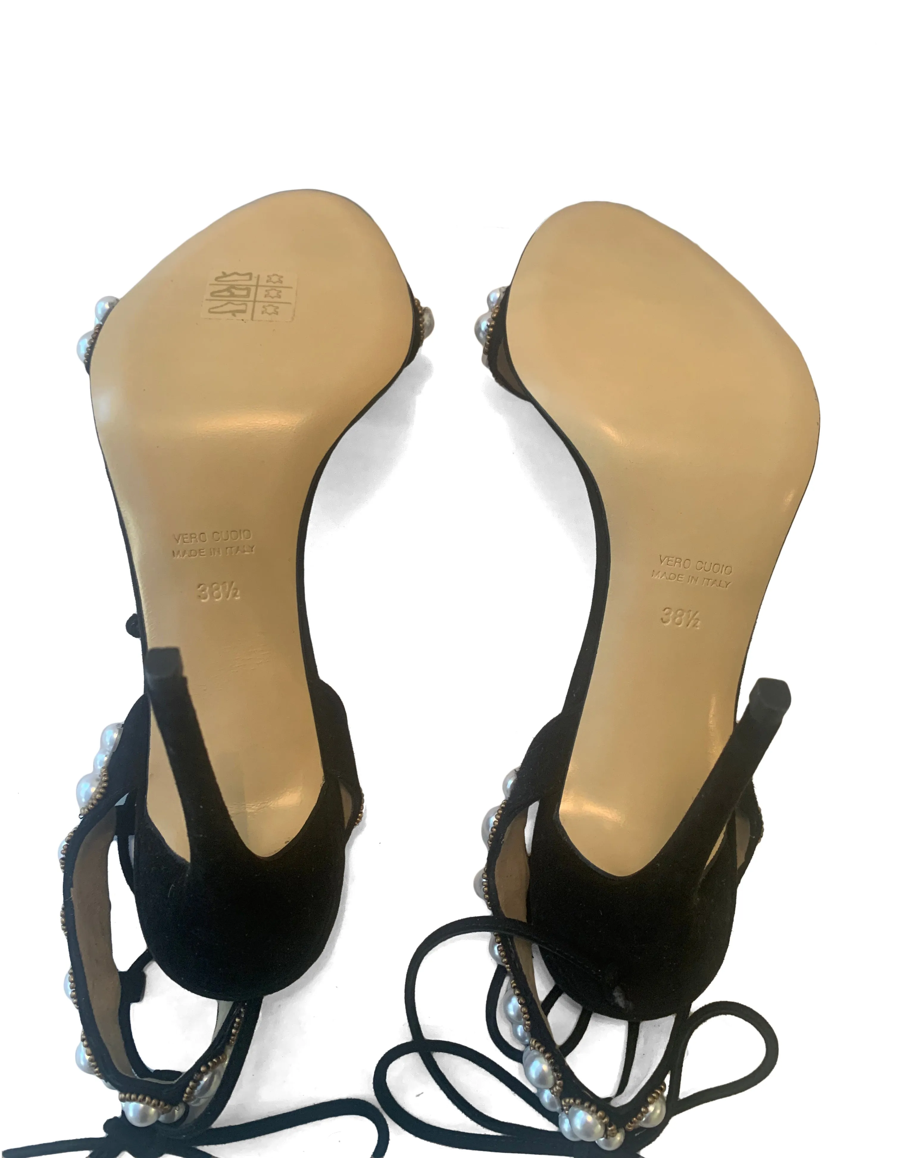Monique Lhuillier Black Suede Faux Pearl Reese Sandals sz 38.5