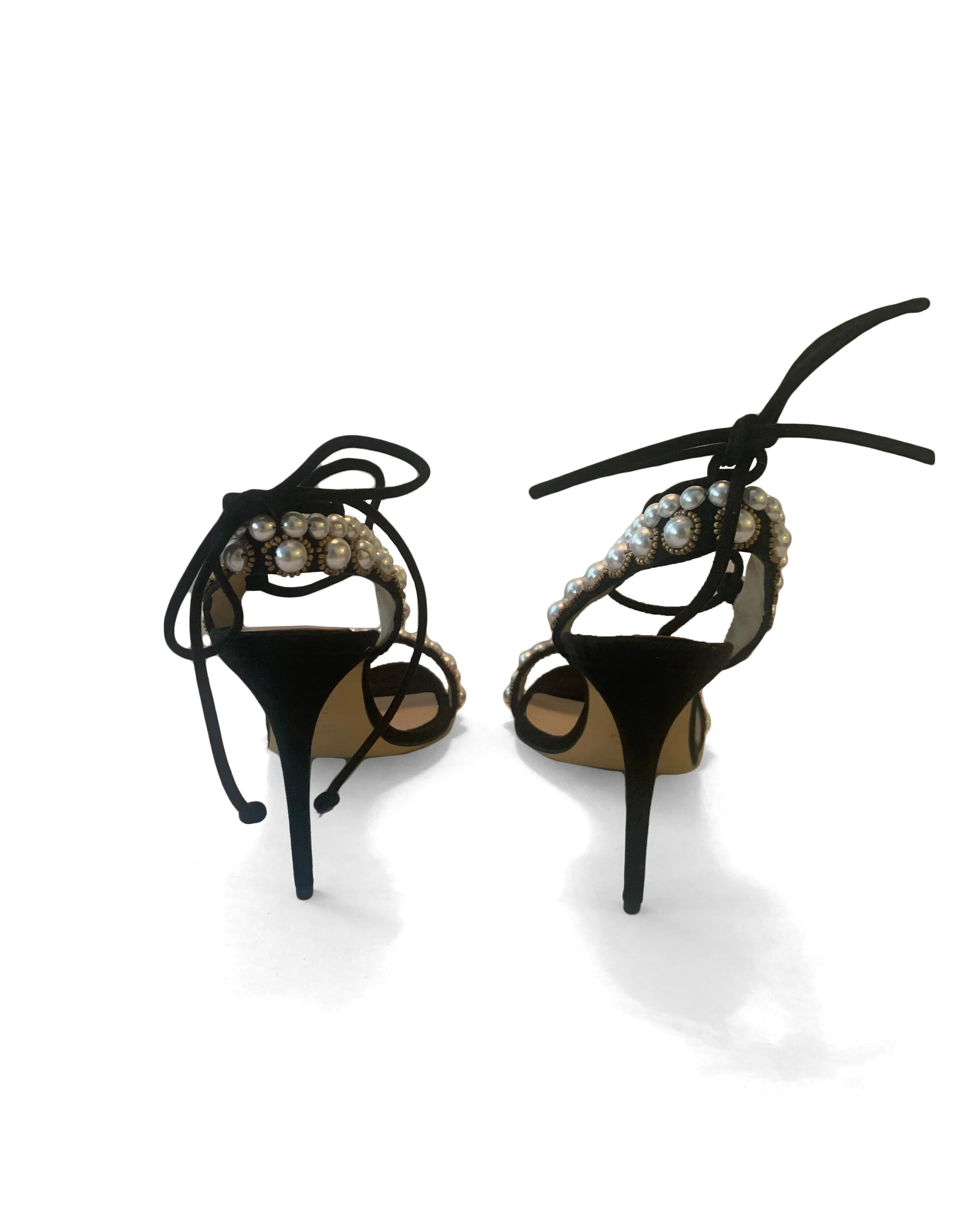 Monique Lhuillier Black Suede Faux Pearl Reese Sandals sz 38.5