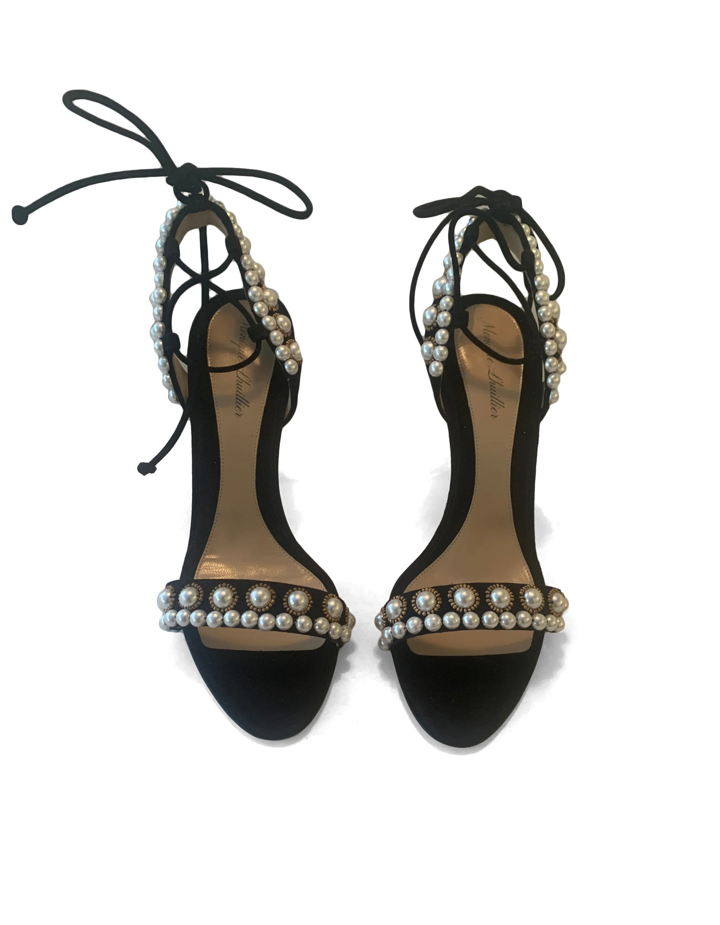 Monique Lhuillier Black Suede Faux Pearl Reese Sandals sz 38.5