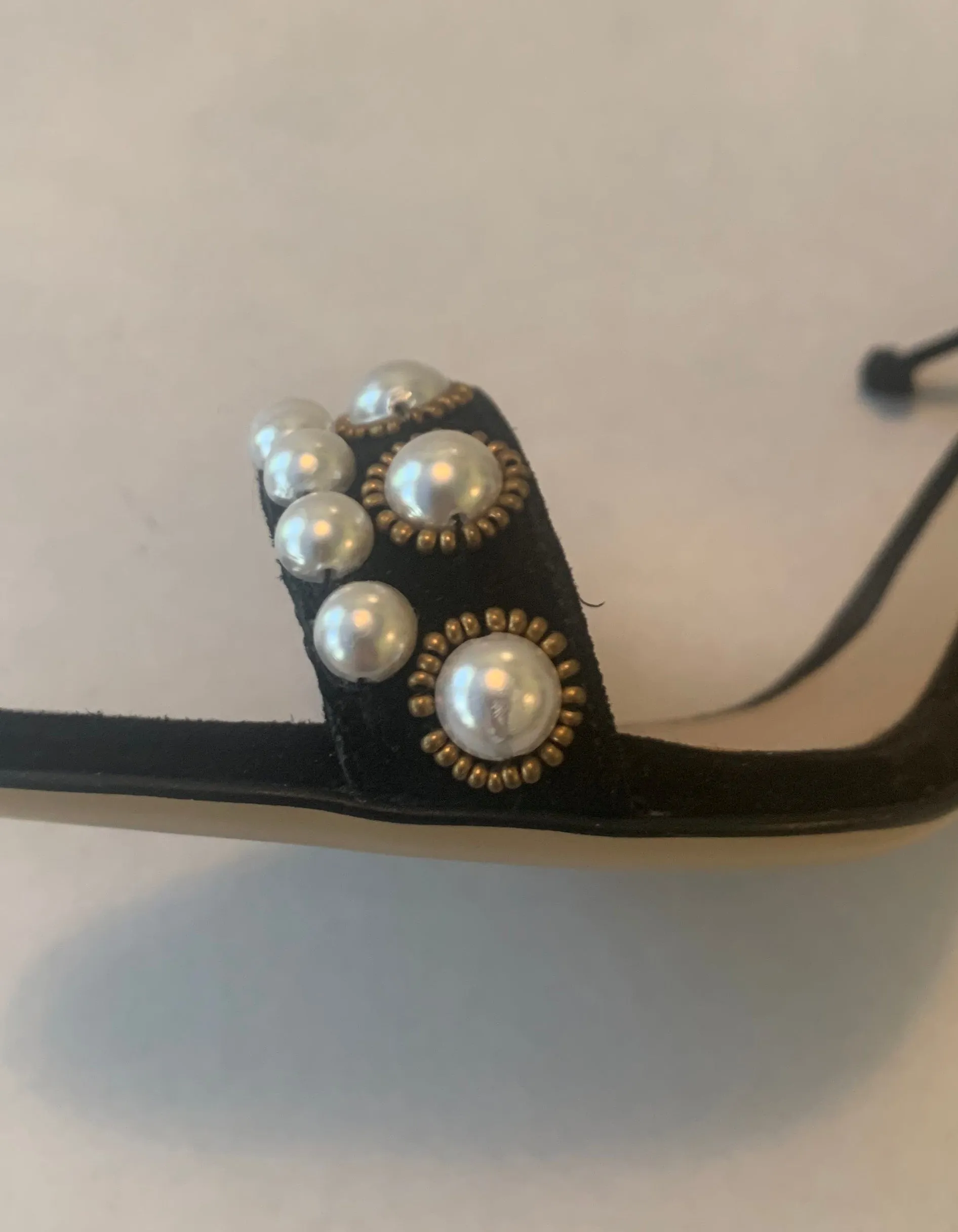 Monique Lhuillier Black Suede Faux Pearl Reese Sandals sz 38.5